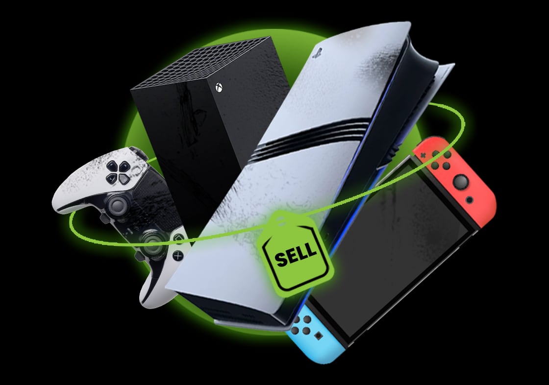 A worn PS5, Xbox Series X, Nintendo Switch and DualSense Edge controller, circled by a green sell tag